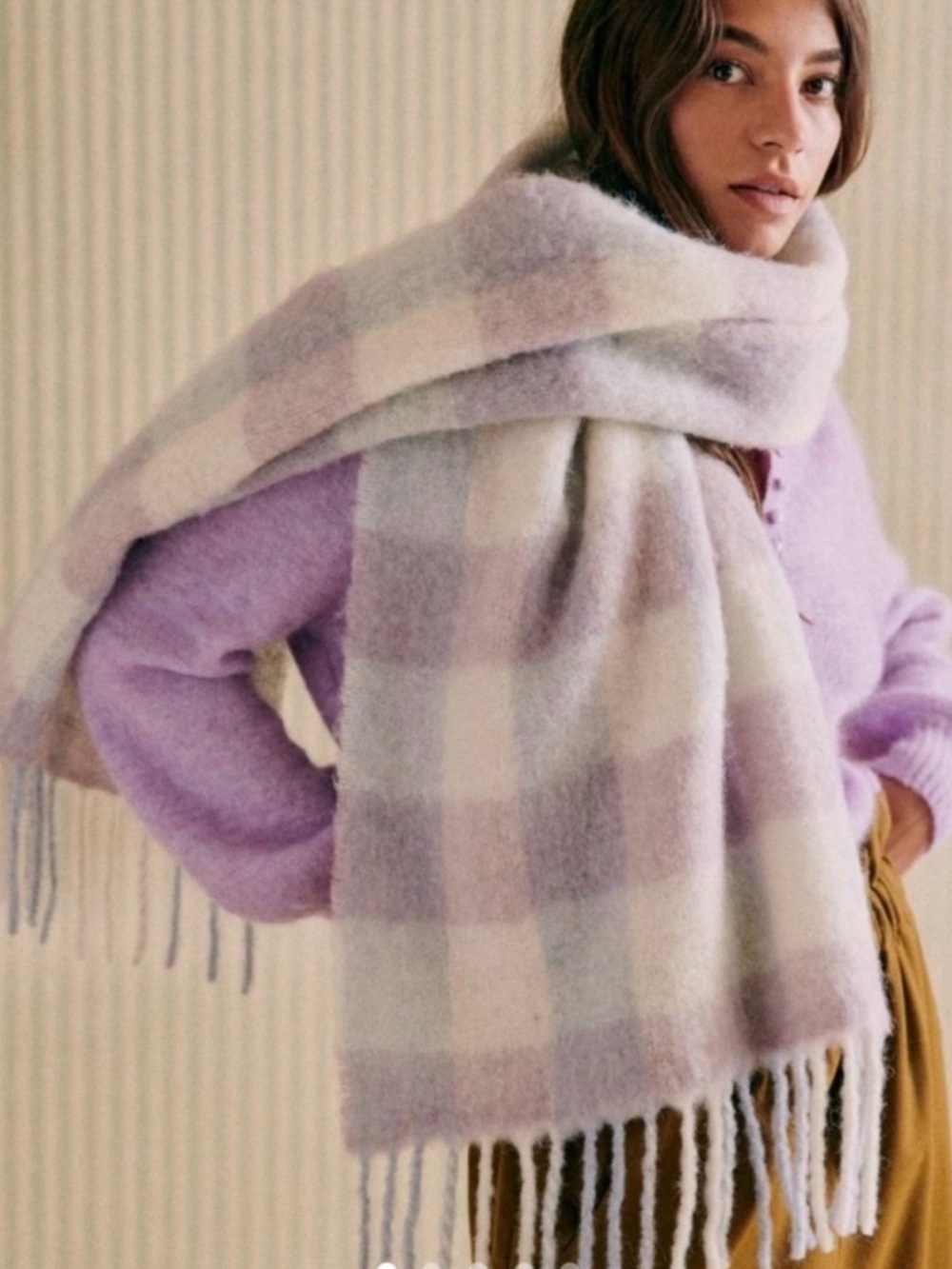 Beautiful Sezane Louise Scarf - Alpaca Pastel Plaid Fringe in Lavender, Cream